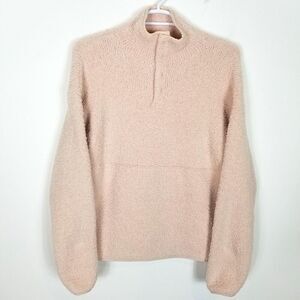Skims Women Cozy Knit Fuzzy Pullover Sz L/XL Pink Snap Neck Comfort Sweatshirt